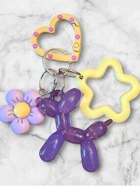 Purple Balloon Dog Keychain with Yellow Star & Pink-Accented Heart